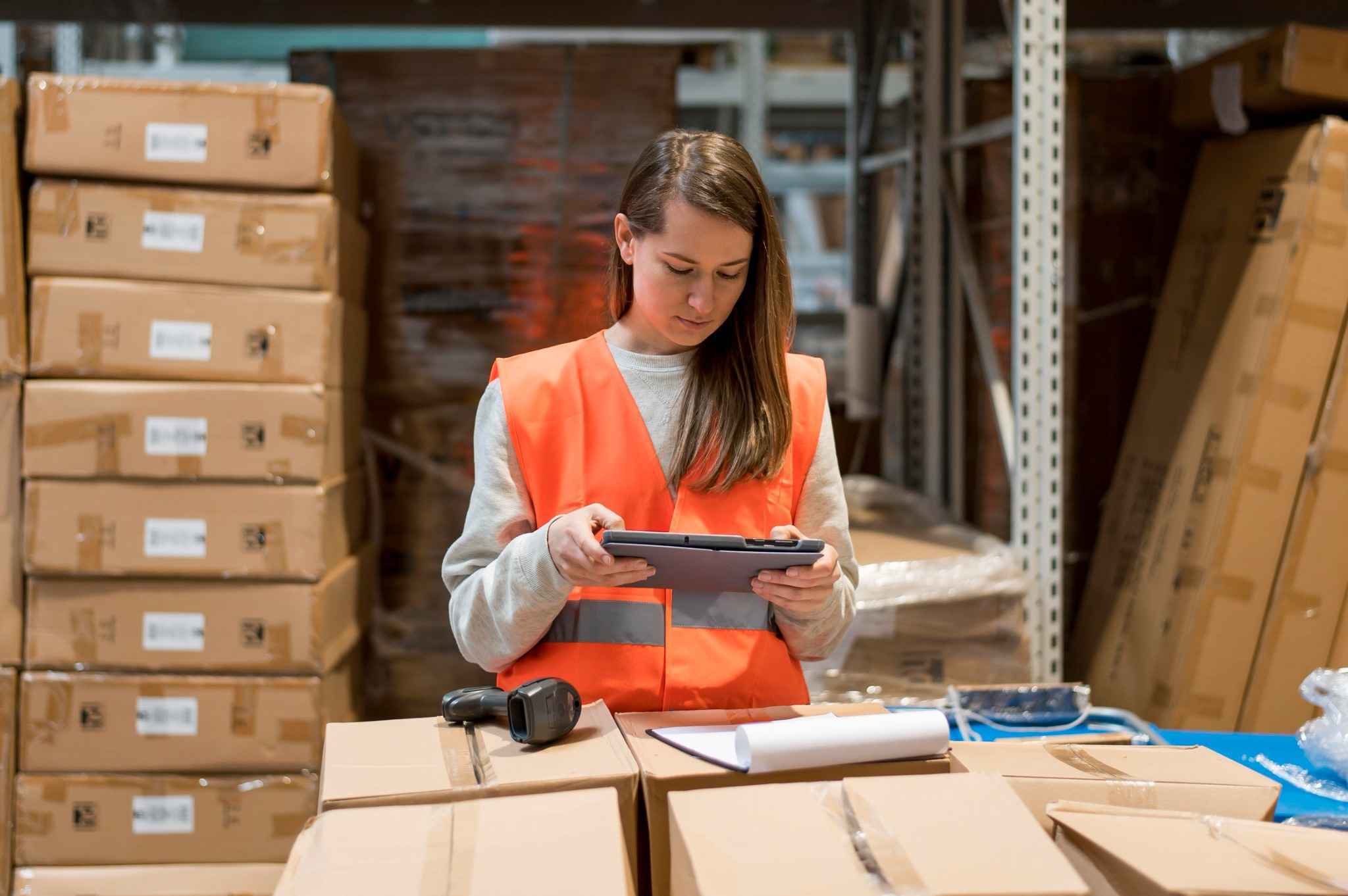 Femme avec une tablette dans un Entrepôt